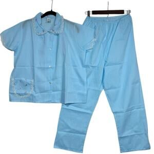 Vintage Katz‎ Pajama Set Blue Floral Embroidered Lace Short Sleeve Pants 38 NOS